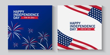 4 Temmuz Bağımsızlık Günü 'nüz kutlu olsun. Afiş, afiş, kapak, şehrin arka planında bayrak sallama. 4 Temmuz bayrağı, tebrik kartı. Reklamlar için vektör illüstrasyonuName