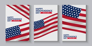 4 Temmuz Bağımsızlık Günü 'nüz kutlu olsun. Afiş, afiş, kapak, şehrin arka planında bayrak sallama. 4 Temmuz bayrağı, tebrik kartı. Reklamlar için vektör illüstrasyonuName