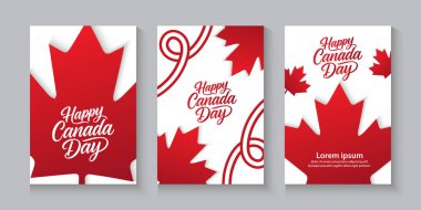Kırmızı akçaağaç yaprağıyla Kanada Günü afişleriniz kutlu olsun. Kanada posteri, kartlar, reklamlar, internet, postalar. selamlama Kanada gün koleksiyonu arkaplanı.