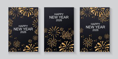 Koyu mavi arka planda havai fişekli yatay afiş ve metin için yer. Kutlama, yeni yıl 2026, bağımsızlık günü. Web için vektör tasarımı, sosyal medya paylaşımı, reklamcılık, el ilanları, poster