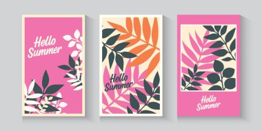 Soyut bir yaz ya da bahar posteri ya da ağaçlı bir kart kağıdı palmiyelerde, sörf tahtalarında, denizde, pastel renkte deniz kabuklarında ve mavide çiçek bırakır. Markalaşma, reklam ve baskı için son moda yaz tasarımı