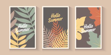 Soyut bir yaz ya da bahar posteri ya da ağaçlı bir kart kağıdı palmiyelerde, sörf tahtalarında, denizde, pastel renkte deniz kabuklarında ve mavide çiçek bırakır. Markalaşma, reklam ve baskı için son moda yaz tasarımı