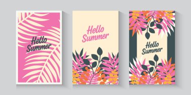 Soyut bir yaz ya da bahar posteri ya da ağaçlı bir kart kağıdı palmiyelerde, sörf tahtalarında, denizde, pastel renkte deniz kabuklarında ve mavide çiçek bırakır. Markalaşma, reklam ve baskı için son moda yaz tasarımı