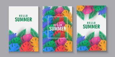 Summer greeting clipart banner poster card set. spring tropical leaves with colorful exotic leave, collection summer or spring poster, flayer, cover, in colorful abstract background