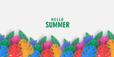 Klişe pankart seti yaz tatili. Renkli egzotik izinleri olan bahar tropikal yaprakları yaz ya da bahar posterleri, flayer, kapak renkli soyut arka plan