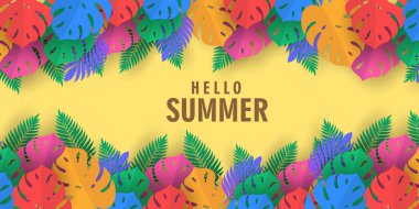 Klişe pankart seti yaz tatili. Renkli egzotik izinleri olan bahar tropikal yaprakları yaz ya da bahar posterleri, flayer, kapak renkli soyut arka plan