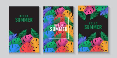 Summer greeting clipart banner poster card set. spring tropical leaves with colorful exotic leave, collection summer or spring poster, flayer, cover, in colorful abstract background