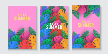 Klişe pankart seti yaz tatili. Renkli egzotik izinleri olan bahar tropikal yaprakları yaz ya da bahar posterleri, flayer, kapak renkli soyut arka plan