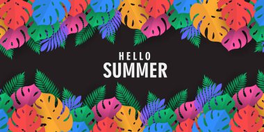 Klişe pankart seti yaz tatili. Renkli egzotik izinleri olan bahar tropikal yaprakları yaz ya da bahar posterleri, flayer, kapak renkli soyut arka plan