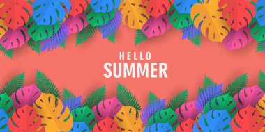 Klişe pankart seti yaz tatili. Renkli egzotik izinleri olan bahar tropikal yaprakları yaz ya da bahar posterleri, flayer, kapak renkli soyut arka plan