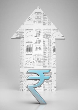 Renkli arkaplanda ok işareti olan ve borsada yatırım tasvir eden kavramsal çekim rupee sembolü