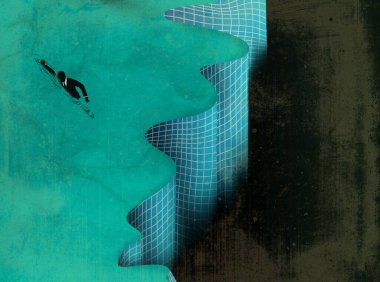 Uçuruma karşı yüzen iş adamı, iş kaybından kurtulma konseptini temsil ediyor.