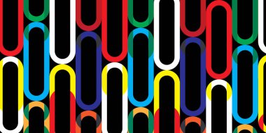 Şablon, kırmızı, yeşil, mavi, sarı, turuncu ve beyaz tonlarında yuvarlak köşeleri olan ve siyah arkaplanda dikey sıralanan uzun bir oval..