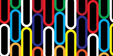 Şablon, yuvarlak köşeleri kırmızı, yeşil, mavi, sarı, turuncu ve beyaz renkli yuvarlak oval bir şekildir ve siyah arkaplan üzerinde dikey sıralanmıştır.