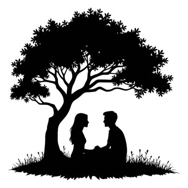 Bir ağacın altında oturan çift silueti