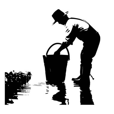 Siyah beyaz çiftçi silueti kovayı suyla dolduruyor.