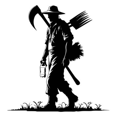 Tarlada Alet ve Su Şişesi taşıyan bir çiftçinin silueti