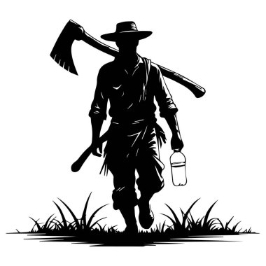 Silhouette of a Farmer Walking with an Axe and Water Bottle
