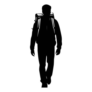 Silhouette of a hiker with a backpack walking forward on a white background