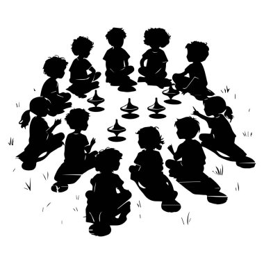 Children Playing with a Toy Top Silhouette of Kids in a Circle