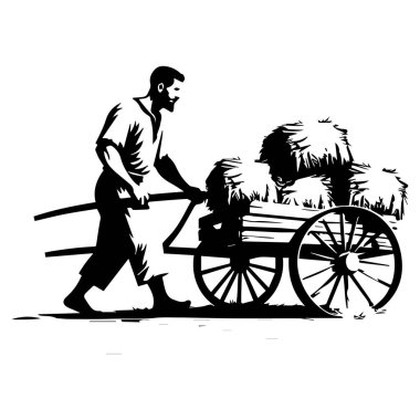 Monochrome Silhouette of a Farmer Pushing a Cart Full of Hay