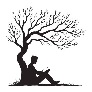 Silhouette of a Person Reading Under a Bare Tree on White Background