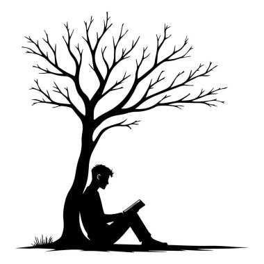 Silhouette of a Man Reading Under a Bare Tree in Black and White