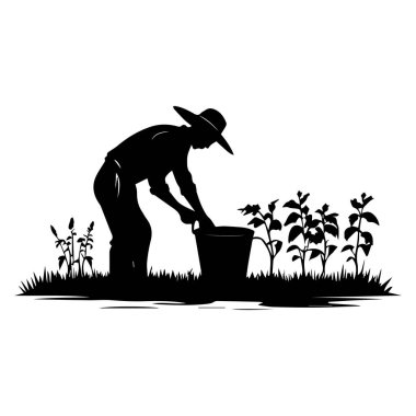 Silhouette of a Farmer Working in a Field with Plants and Bucket