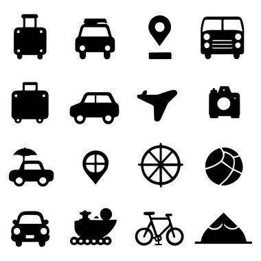 Collection of travel and transportation icons including suitcase airplane car bicycle globe and camera