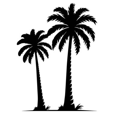 Two silhouetted palm trees standing tall against a white background
