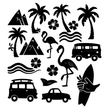 Tropical vacation elements including flamingos palm trees mountains cars surfboard and flowers