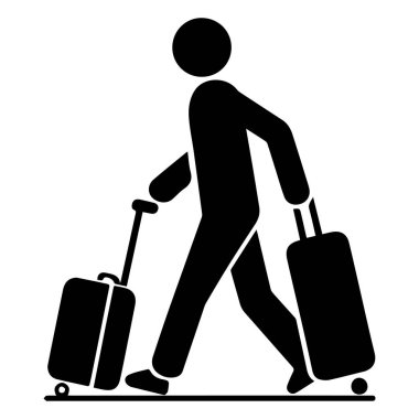 Stylized black silhouette of a person walking with two rolling suitcases