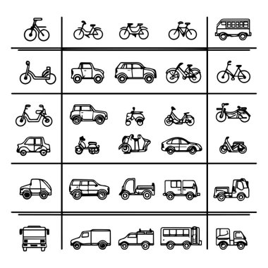 Collection of simple black and white line art icons representing various vehicles
