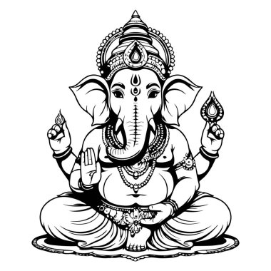 Detailed Black and White Illustration of Lord Ganesha in Lotus Position
