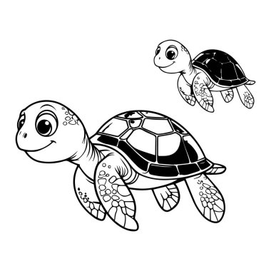 Two cute cartoon turtles one large and one small in black outline