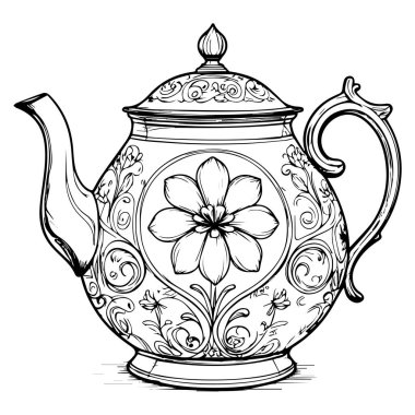 Elegant black and white line art drawing of a vintage teapot with floral ornamentation