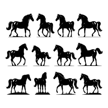 Collection of twelve black horse silhouettes in various poses on white background