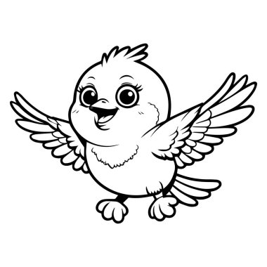 Cute cartoon bird with open wings and happy expression in black and white