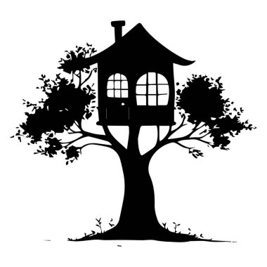 Whimsical black silhouette of a treehouse nestled among lush green leaves