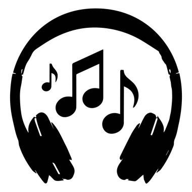 Black silhouette of headphones with musical notes floating around