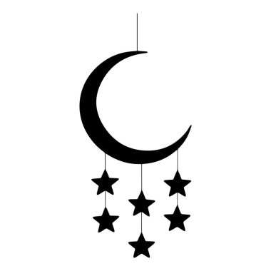 Black crescent moon with hanging stars on a white background