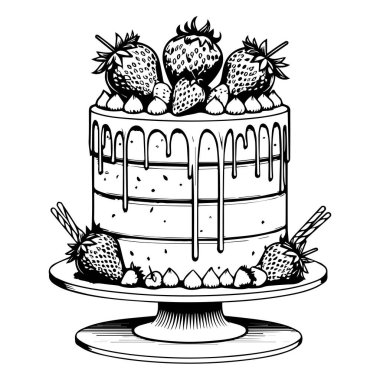 Black and white line art illustration of a layered cake decorated with fresh strawberries