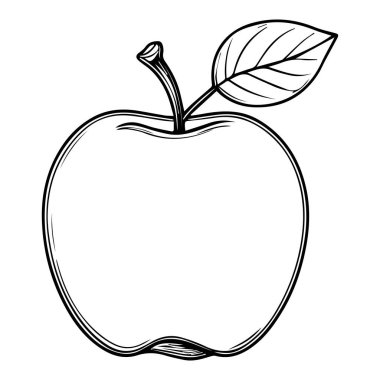Simple black and white line drawing of an apple with a leaf and stem