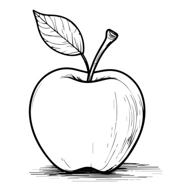 Simple black and white line drawing of a single apple with a leaf and stem