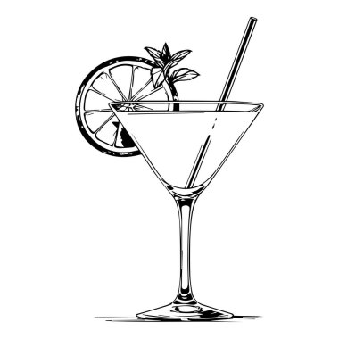 Black and white illustration of a martini glass with a lime slice and mint leaves