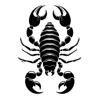 Stylized black scorpion silhouette with large claws and segmented tail