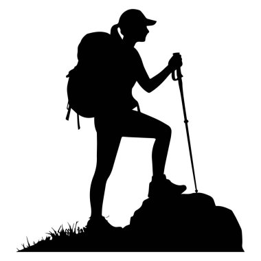 Sırt çantası ve yürüyüş direği olan bir kadın yürüyüşçünün silueti beyaz arka planda bir dağa tırmanıyor..