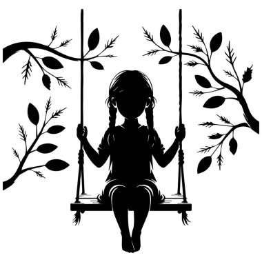 At kuyruklu bir kızın silueti sallanan bir salıncakta sallanıyor, beyaz bir arka planda izole bir şekilde..