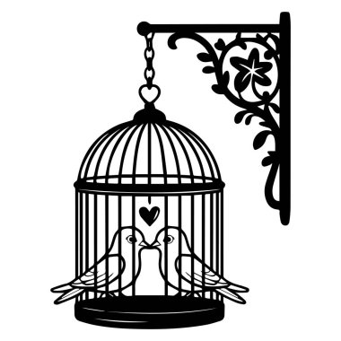 Bir kuş kafesinin içindeki iki kuşun silueti, beyaz bir arka planda çiçek demetinden sarkıyor..