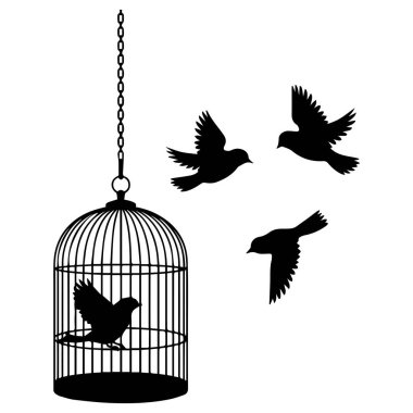 Kuşların siyah siluetleri beyaz arka planda açık bir kuş kafesinden uçuyor, özgürlüğü ve kaçmayı simgeliyor..